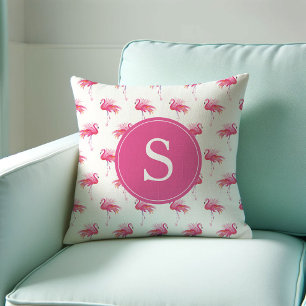 Coussin Modèle de flamant rose tropicale monogramme