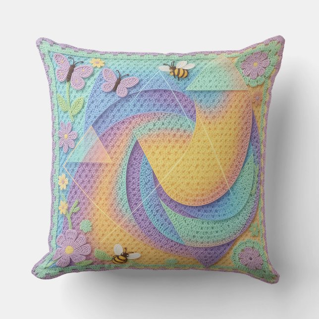 Coussin Modèle de jardin au crochet pastel fantaisiste  (Recto)