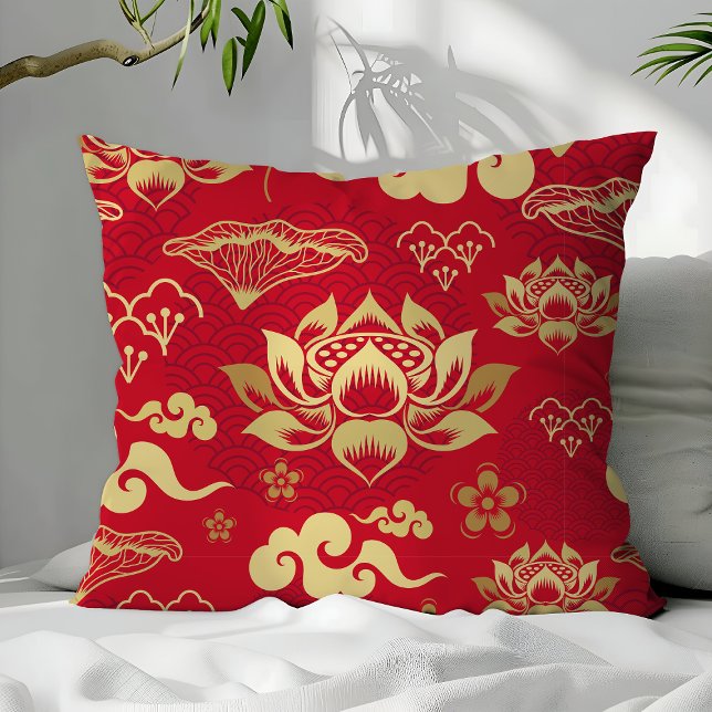 Coussin Modèle de lotus rouge or asiatique chinois (Créateur téléchargé)