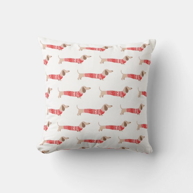 Coussin Modèle de pull de Noël rouge moche teckel (Recto)