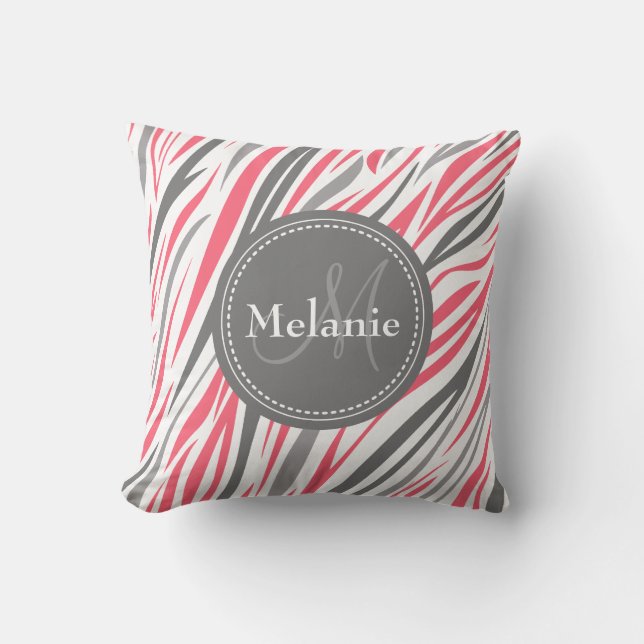 Coussin Modèle de zèbre rose et gris monogramme (Recto)