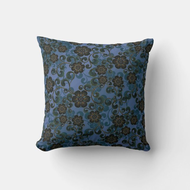 Coussin Modèle floral bleu vintage et gris ardoise (Recto)