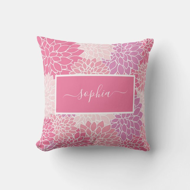 Coussin Modèle Floral Dahlia rose moderne Nom du script (Recto)
