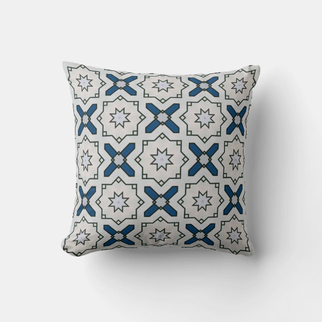 Coussin Modèle Floral Géométrique En Blanc Noir Et Bleu (Recto)