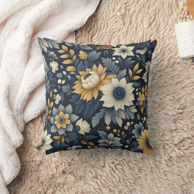 Coussin Modèle floral marine, jaune et gris (Couverture)