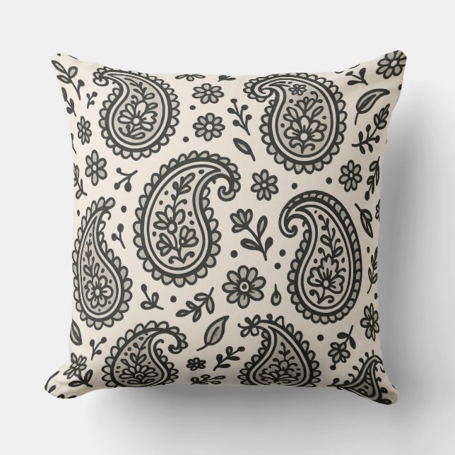 Coussin Modèle floral noir et blanc Paisley (Recto)