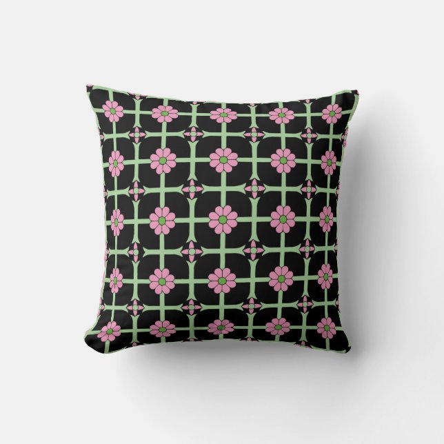 Coussin Modèle géométrique floral rose vert et noir (Recto)