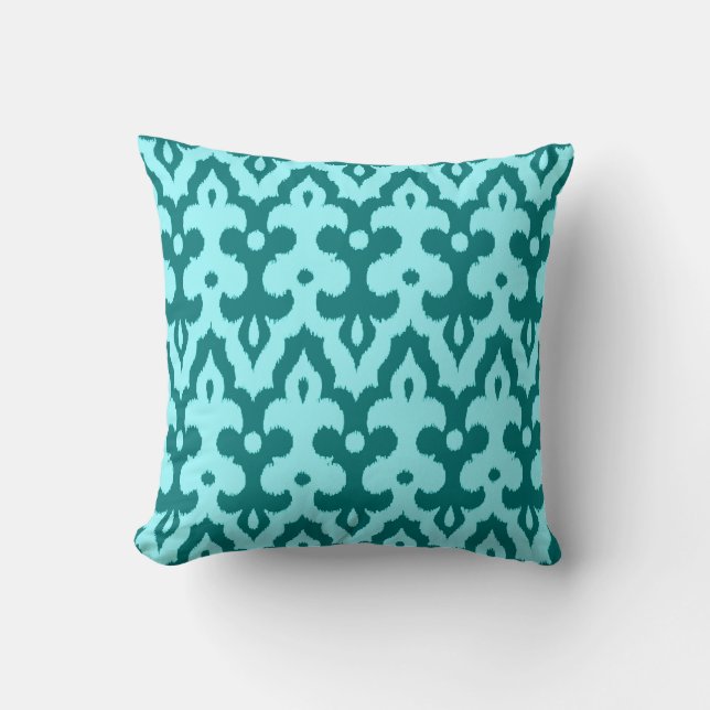 Coussin Modèle marocain Ikat Damask, Turquoise et Aqua (Recto)