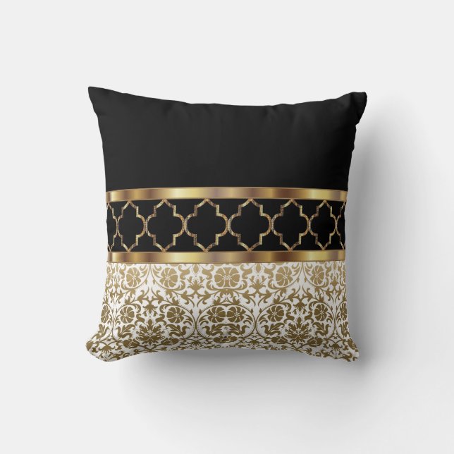 Coussin Modèle Quatrefoil blanc, noir et or et Damask (Recto)