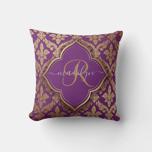 Coussin Modèle Royal Purple Gold Damask Motif Fleur Monogr (Recto)