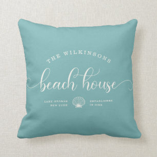 Coussin Modern Beach House Nom de famille Script City Blue