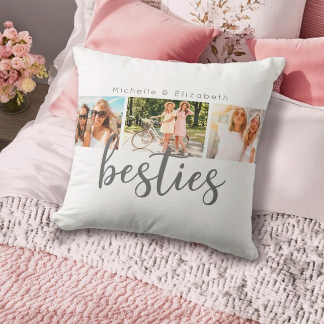 Coussin Modern Best Friends Besties Photo Collage (A simple cute 3 photo besties, best friend pillow. Personalize it with your favorite photos.)