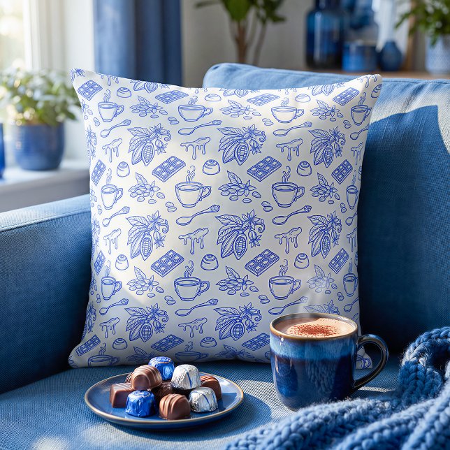 Coussin Modern Blue Toile Cacao and Chocolate Pattern (Créateur téléchargé)