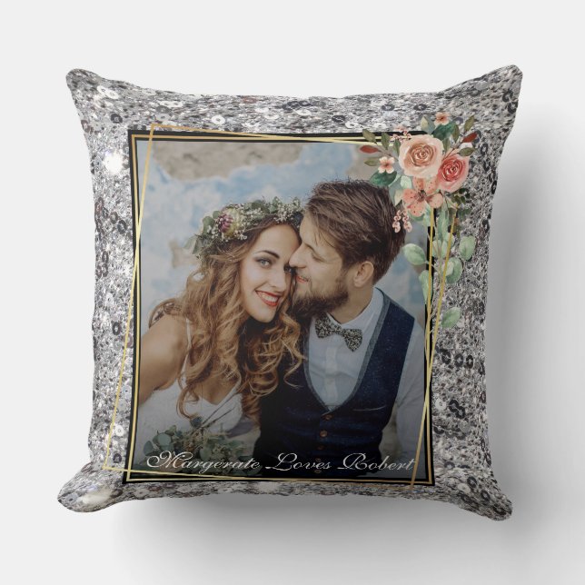 Coussin Modern Chic Wedding Love Couple Silver Glitter (Recto)