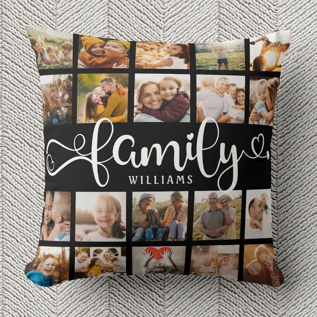 Coussin Modern Family Script 20 Photo Collage Chic Black (Créateur téléchargé)