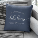 Coussin Modern Lake House Family Name Brush Script Blue<br><div class="desc">Modern,  chic brush script reading LAKE HOUSE alongside your family name in a trendy typography driven design. Great custom home decor pillow for your home away from home. Both romantic and stylish,  our dusty navy blue pillow features a sweet canoe illustration between your location and the year established.</div>