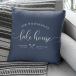 Coussin Modern Lake House Family Name Brush Script Blue<br><div class="desc">Modern,  chic brush script reading LAKE HOUSE alongside your family name in a trendy typography driven design. Great custom home decor pillow for your home away from home. Both romantic and stylish,  our dusty navy blue pillow features a sweet canoe illustration between your location and the year established.</div>