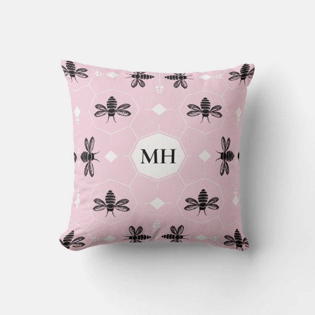 Coussin Modern Pink Elegant Black Bee Pattern Monogram (Recto)