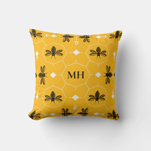 Coussin Modern Yellow Elegant Black Bee Pattern Monogram (Recto)