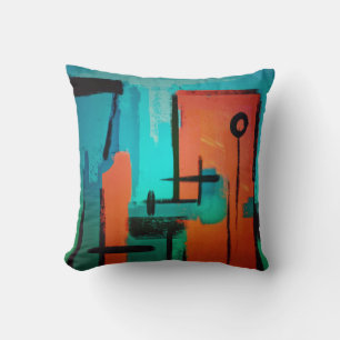 Coussin Moderne Abstrait Dynamique Orange Vert Bleu Noir