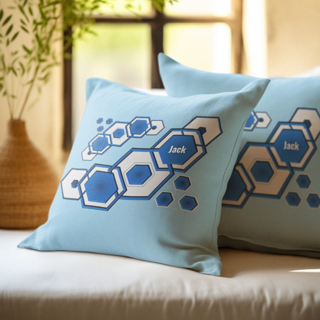 Coussin Moderne Abstrait Géométrique Hexagonal Bleu (Créateur téléchargé)