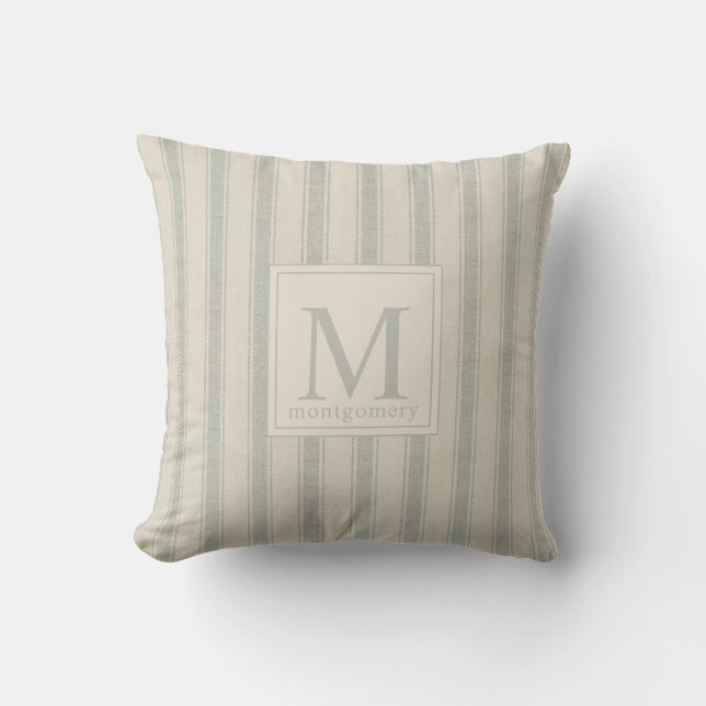 Coussin Moderne Agritourisme Ticking Monogramme Sage Vert (Recto)