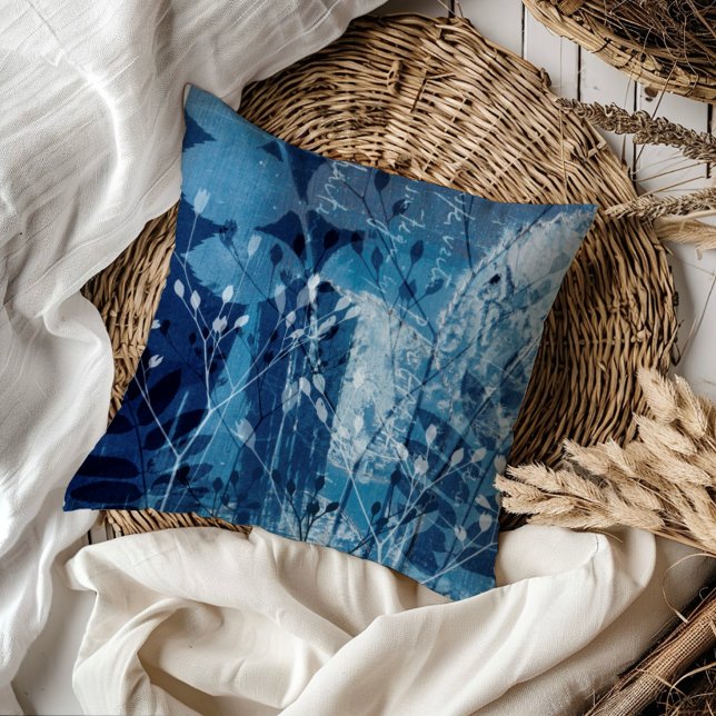 Coussin Moderne Bleu Cyanotype Foliage Botancien (Créateur téléchargé)