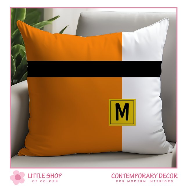 Coussin Moderne Bloc de Couleur Orange et Noir Monogrammé (Créateur téléchargé)
