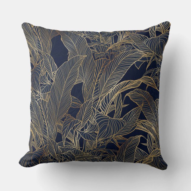 Coussin Moderne Blue Gold Foliage Plante Design botanique (Recto)