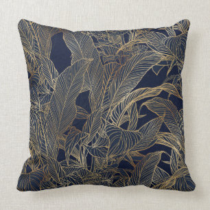 Coussin Moderne Blue Gold Foliage Plante Design botanique