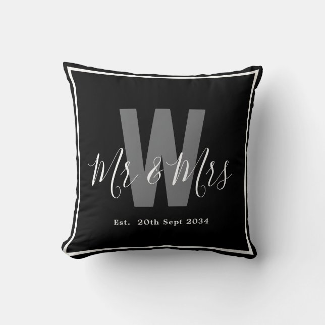 Coussin Moderne bordure de monogramme noir et blanc, M. et (Recto)