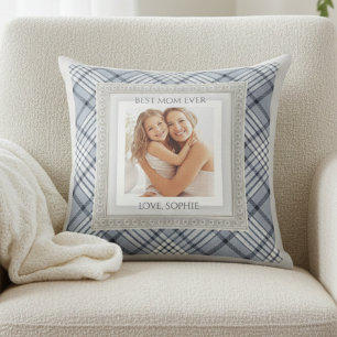 Coussin Moderne carreaux bleu gris "Meilleure maman qui so