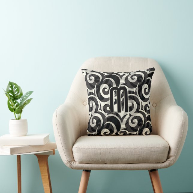 Coussin Moderne Décontracté Disco Gris Noir Ivoire Monogra (Chaise)
