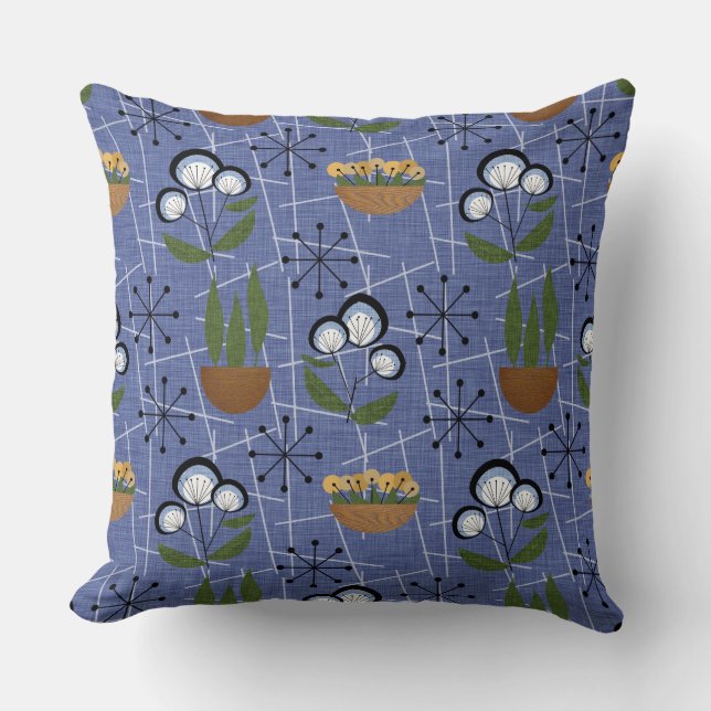 Coussin Moderne du milieu du siècle | Bleu | Plantes du mé (Recto)