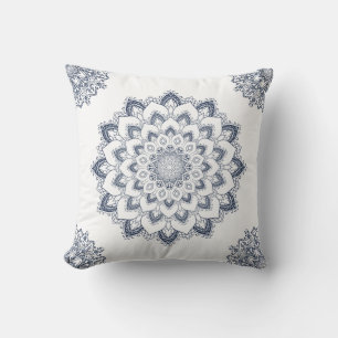 Coussin Moderne Elégant Blanc Bleu Boho Mandala