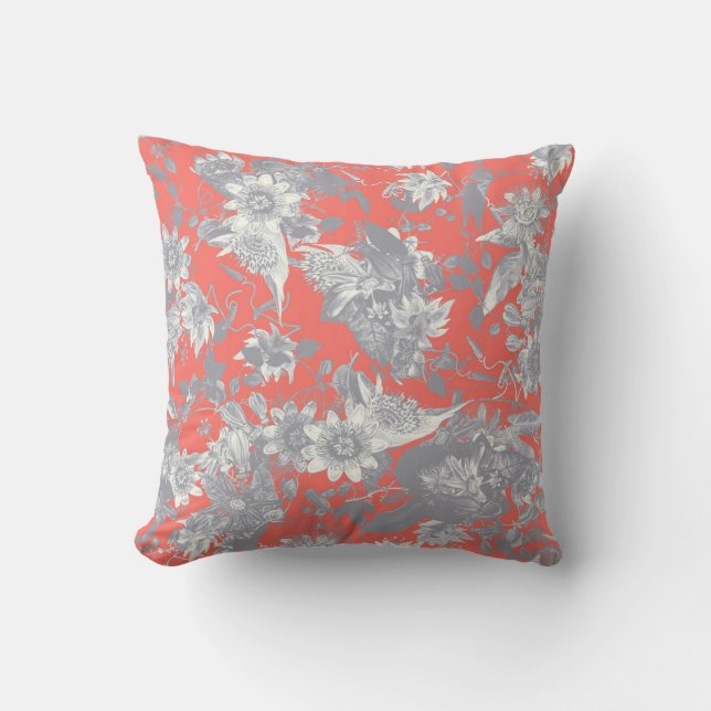 Coussin Moderne Elégant Gris Argent Coral Fleurs de passio (Recto)