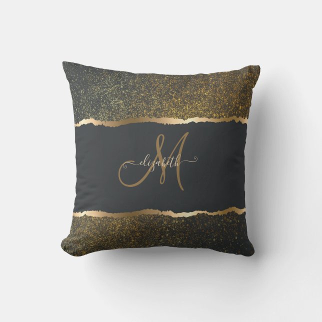 Coussin Moderne Élégant Monogramme au Touché d'Or (Recto)
