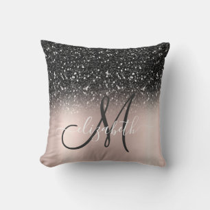 Coussin Moderne Élégant Noir Paillettes Or Rose Monogramm