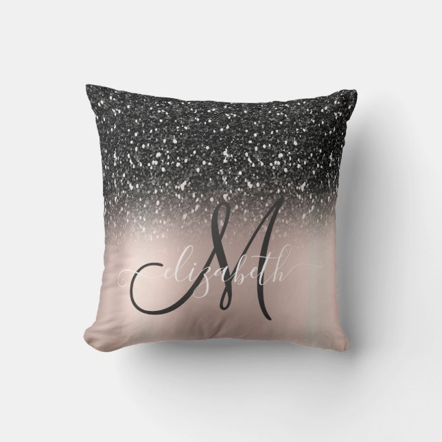 Coussin Moderne Élégant Noir Paillettes  Or Rose Monogramm (Recto)