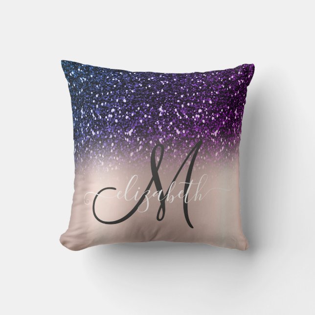 Coussin Moderne Élégant Paillettes  Or Rose Monogramme (Recto)
