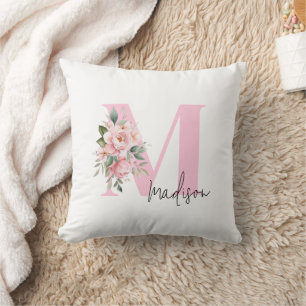 Coussin Moderne Élégant rose Floral Nom initial Monogramme
