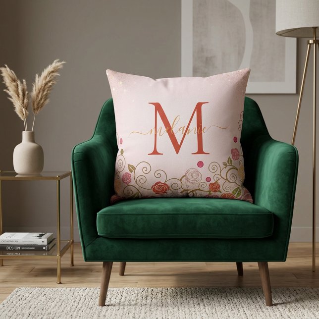 Coussin Moderne Élégant Rose Gold Pailleté Monogramme Scri (Créateur téléchargé)