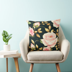 Coussin Moderne Elegant Roses Rose Feuilles or