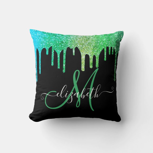 Coussin Moderne élégant vert paillettes gouttes monogramme (Recto)