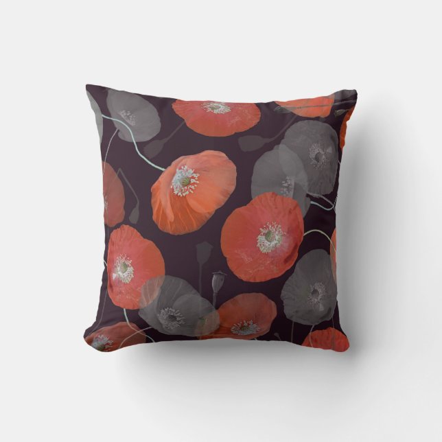 Coussin Moderne Élégante Fleurs De Pavot Gris Rouge (Recto)