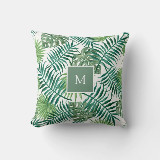 Coussin Moderne feuille d'aquarelle tropicale monogrammée (Recto)