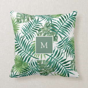 Coussin Moderne feuille d'aquarelle tropicale monogrammée