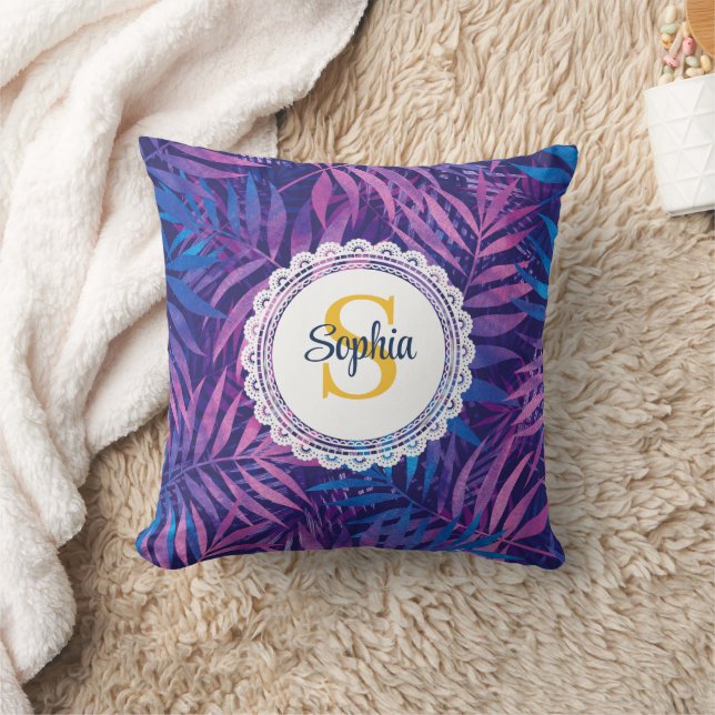 Coussin Moderne feuilles de palmier tropicales violettes e (Couverture)