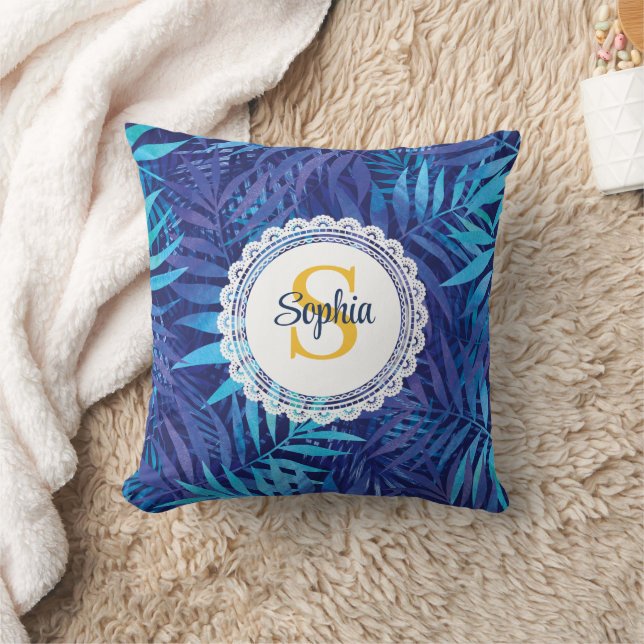 Coussin Moderne feuilles de palmier violettes et bleues tr (Couverture)