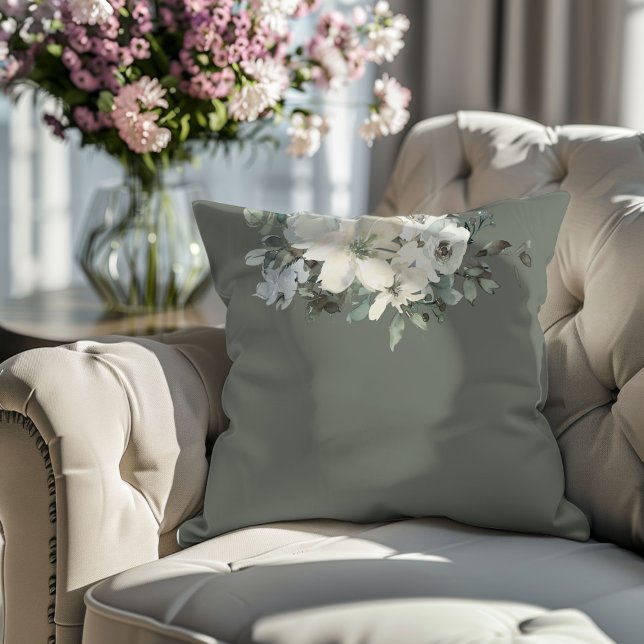 Coussin Moderne floral à l'aquarelle vert olive  (Créateur téléchargé)